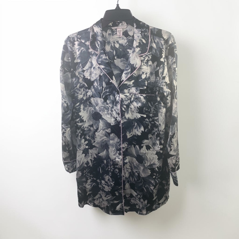 Victoria's Secret Floral Satin Sleep Shirt Black White Pink Piping Small